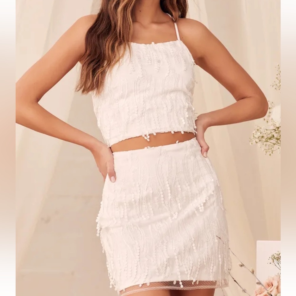 A5 #264 Dancing in a Dream White Fringe Lace-Up Two-Piece Mini Dress size medium